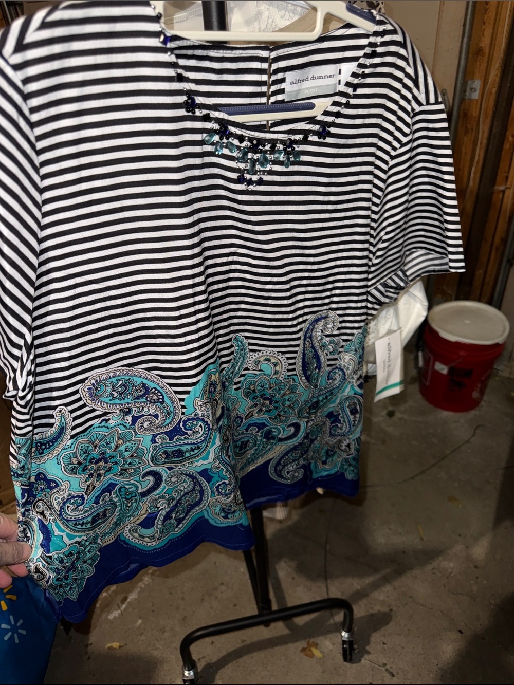 Alfred Dunner Black & White Striped Short Sleeve Top with Teal Paisley Hem